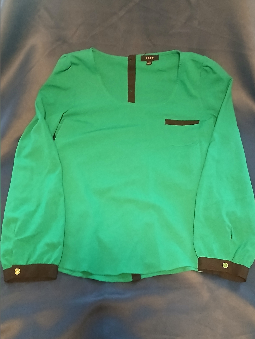 Green Long Sleeve Blouse with Black Trim